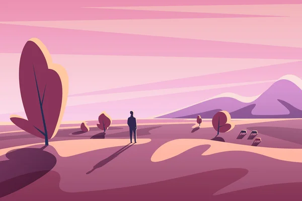 Seul jeune homme regardant le coucher du soleil avec des montagnes, des arbres, des animaux. Illustration vectorielle plate de dessin animé minimaliste fantaisie . — Image vectorielle