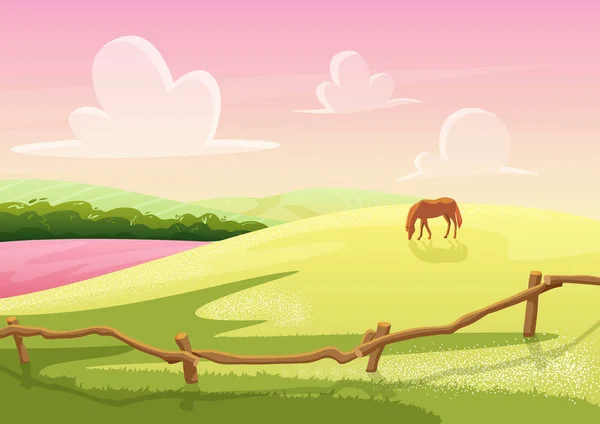 Nyári aranyos napos rajzfilm vidéki Glade hegyek megtekintéséhez legelt ló a pályán. Karikatúra vektor illusztráció üdvözlőkártya, játék, banner, poszter. — Stock Vector