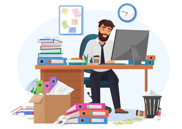 Κουρασμένος νυσταγμένος άντρας γραφείο εργαζόμενος παραμένει αργά στο χώρο εργασίας. Υπερφόρτιση έγγραφα, προθεσμίες συνάντησης, έκθεση, συγκλονισμένοι από την εργασία νεαρό επιχειρηματία εικόνα διάνυσμα. — Διανυσματικό Αρχείο