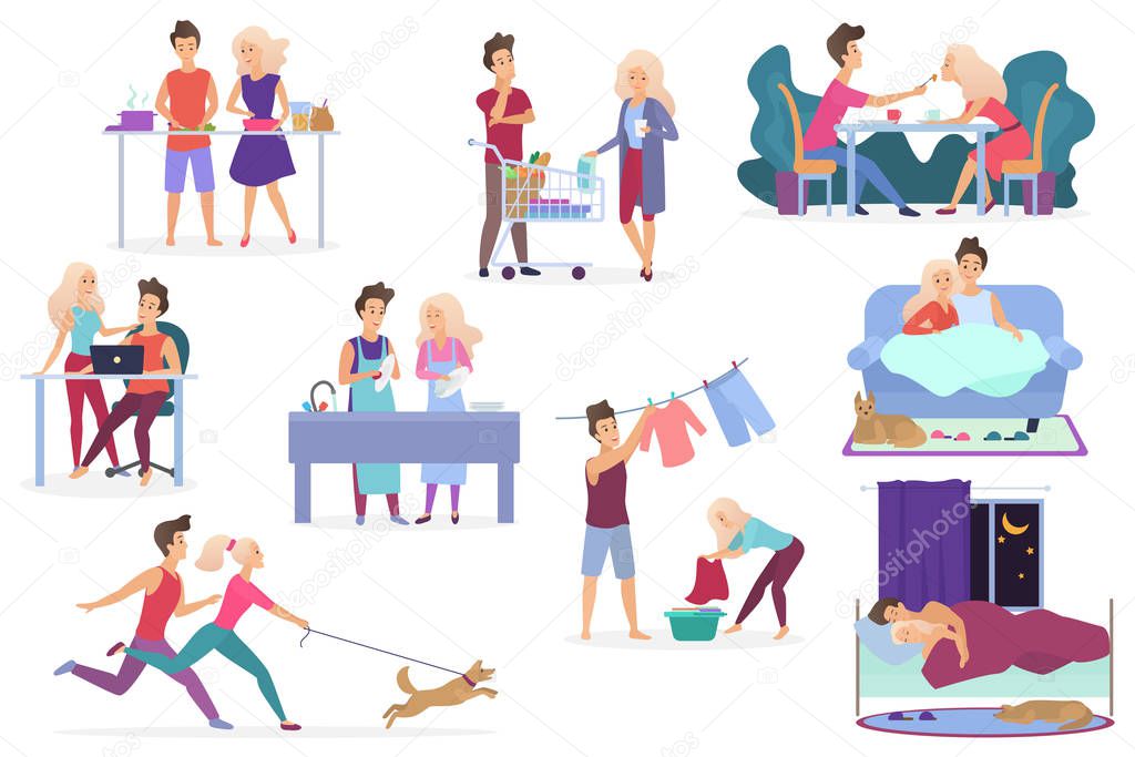 Set of vector loving couple activities. Cooking, shopping products, having dinner, working, relaxing, watching movie, romantic evening together, washing clothes, walking with pet dog, sleeping.