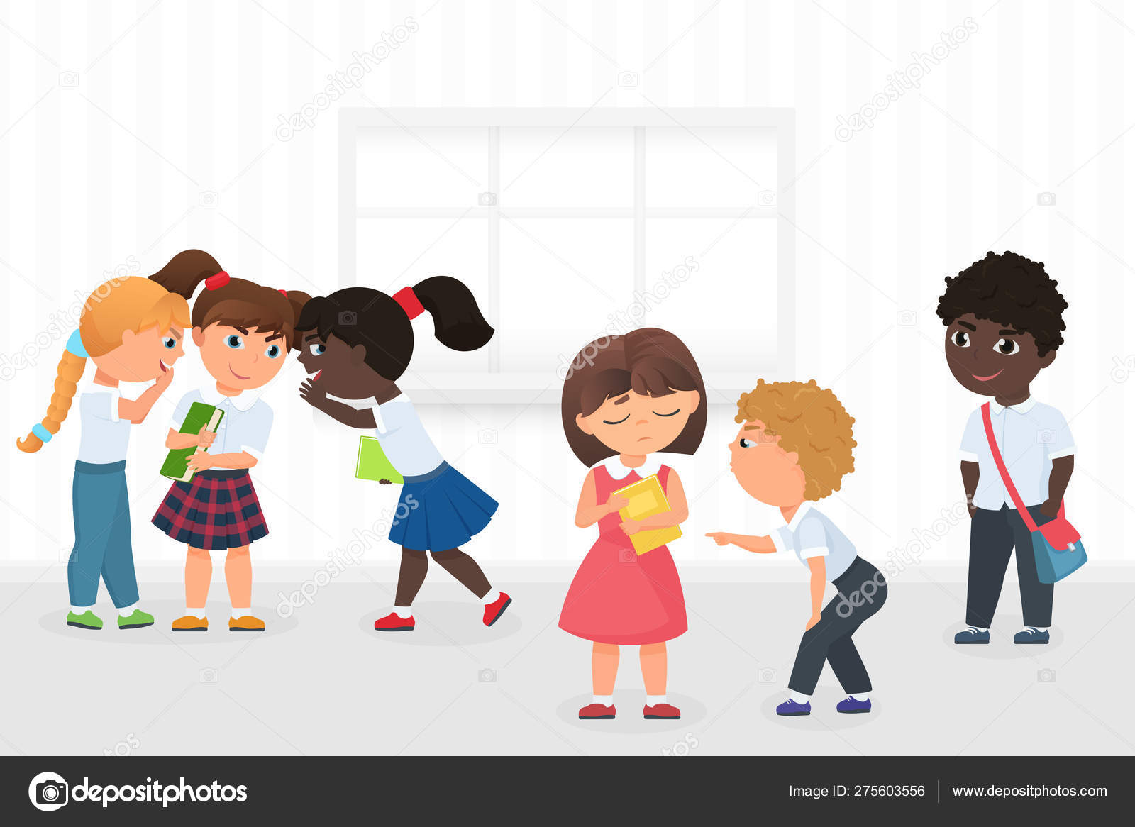 Group Of Multiethnic Kids Gossiping And Bullying Sad Girl During Break In School Hallway Cartoon Vector Illustration Vector Image By C Lembergvector Vector Stock