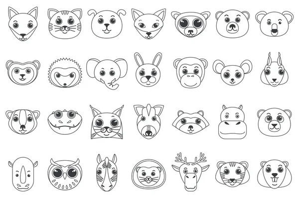 Conjunto de líneas delinear cabezas de animales salvajes y domésticos surtidos en ilustración vectorial estilo de dibujos animados . — Archivo Imágenes Vectoriales