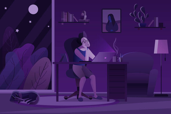 Tired person supporting head while doing freelance job in cozy room near window at night cartoon vector illustration.