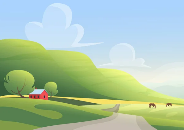 Red cottage and grazing horses on sides of countryside road against green hills and cloudy blue sky. Cartoon landscape vector illustration. — Stock Vector