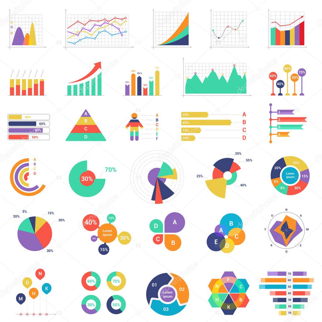 Set of colorful vector graphs and diagrams for finance, analytics and business presentation vector illustration.