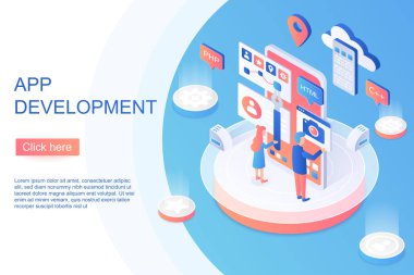 İzometrik insanlar sahnede duruyor ve dijital uygulama geliştiriyor. Uygulama geliştirme konsepti. Başlangıç web sitesi sayfası vektör çizimi.