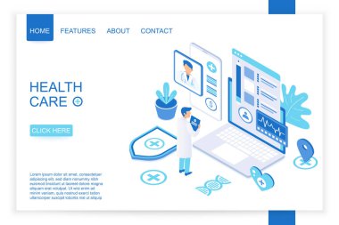 Sağlık kuruluşu için web sitesi ana sayfasının İzometrik tasarımı. Sağlık isometry vektör illüstrasyon.