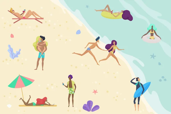 Ilustração de desenho animado de verão vetorial. Atividades de pessoas na praia. Amigos desfrutando de férias de verão . — Vetor de Stock