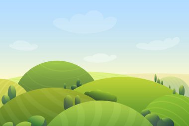 Cloudy blue sky over green hills and green trees in meadow cartoon cute vector illustration landscape. clipart
