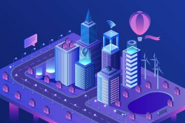Modern akıllı şehir isometrik vektör illüstrasyon. Akıllı Ai gökdelenler binalar. Bilgisayar ağı, nesnelerin interneti kavramı. Veri merkezi, sunucu ve matris kripto blockchain.