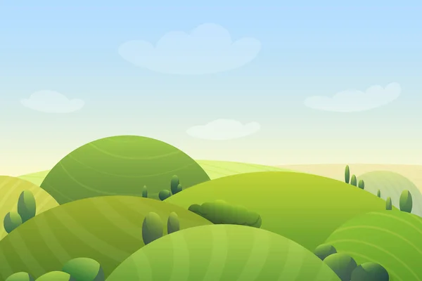 Céu azul nublado sobre colinas verdes e árvores verdes em desenhos animados prado bonito vector ilustração paisagem . — Vetor de Stock