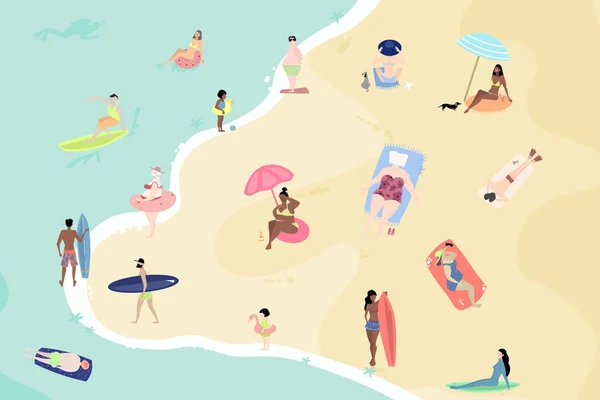 Illustrazione dei cartoni animati estivi vettoriali. Gente sulla spiaggia. Prendere il sole, parlare, fare surf e nuotare in mare o nell'oceano. Spiaggia vista dall'alto appartamento illustrazione . — Vettoriale Stock