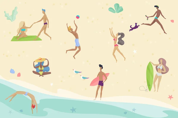 Εικόνα κινουμένων σχεδίων για το καλοκαίρι. Οι άνθρωποι έχουν δραστηριότητες στην παραλία. Οι φίλοι που έχουν χρόνο καλοκαιρινές διακοπές. — Διανυσματικό Αρχείο