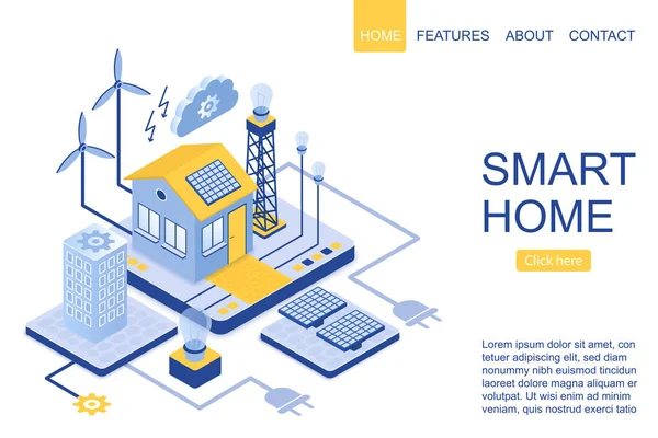 Isometrische regeling van moderne Smart Home, groene energietechnologie. Landing page sjabloon vector illustratie. — Stockvector