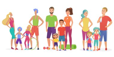 Spor salonu vektör illüstrasyon eğitimi sırasında mutlu uygun ailelerin üç vektör çizimler stilleri.