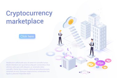 Cryptocurrency pazar izometrik açılış sayfası vektör şablonu