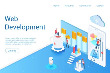 Web geliştirme isometrik açılış sayfası vektör şablonu