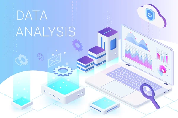 Análisis de datos plantilla de vector de banner web isométrica — Archivo Imágenes Vectoriales