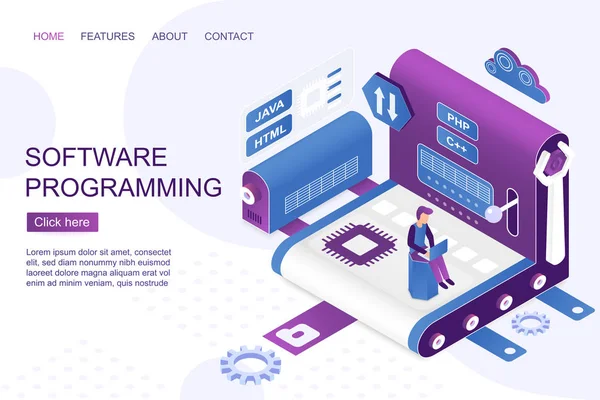 Software development isometric landing page vector template — Stock Vector