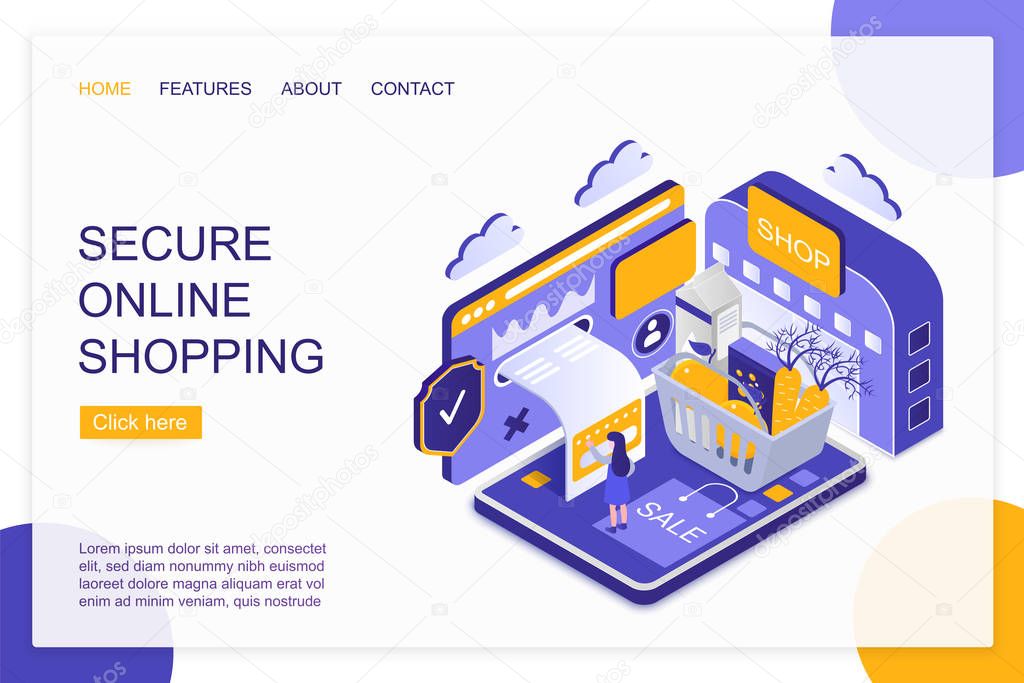 Secure online shopping isometric landing page vector template