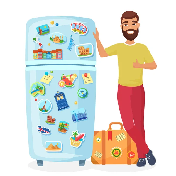 Reiziger toont koelkast met magneten platte vector illustratie — Stockvector