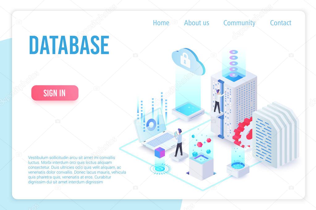 Database, data storage isometric landing page vector template