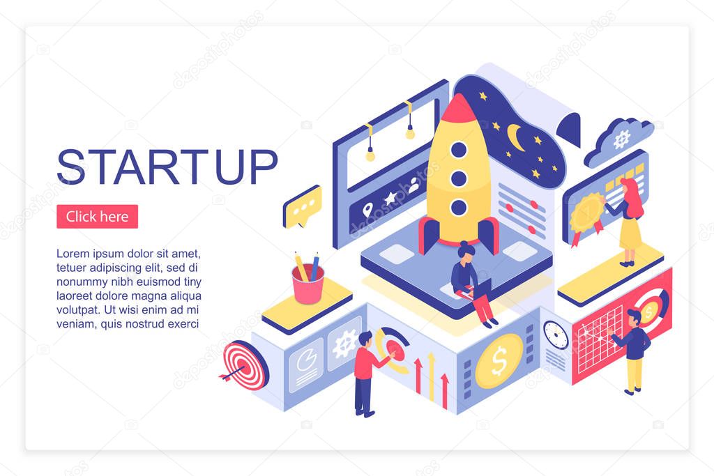 Startup, team working landing page isometric vector template
