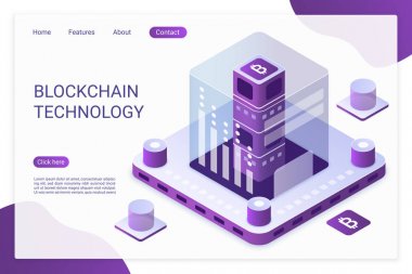 Blockchain teknolojisi açılış sayfası vektör şablonu. Bitcoin finansal işlemler, e fatura hizmeti web sitesi düzeni. Kripto madenciliği, blockchain 3d kavramı. Elektronik para piyasası