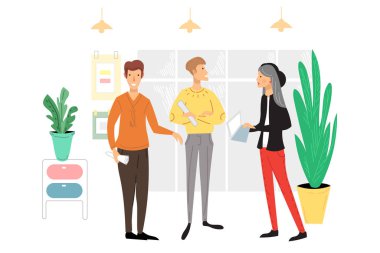 Ofis halkı sahnesi. İş toplantısı, müzakere, beyin fırtınası, birbirlerine karikatür vektör illüstrasyon rol alan erkekler ve kadınlar.