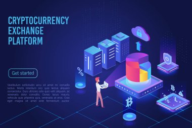 Cryptocurrency döviz platformu karanlık neon ışık açılış sayfası vektör şablonu