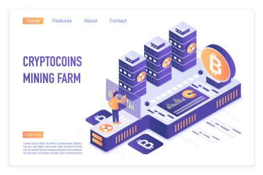 Kripto para madenciliği çiftliği. Bitcoin finansal işlemler, Dijital para birimi. Kripto madenciliği, blockchain 3d kavramı. Kripto para piyasası açılış sayfası vektör illüstrasyon.