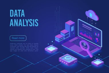 Veri analizi koyu neon ışık isometrik web afiş vektör şablonu