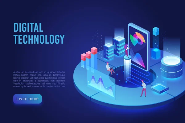 Tecnología digital e Internet Plantilla vectorial isométrica de página de aterrizaje de luz de neón oscura — Vector de stock