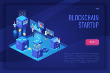 Blockchain başlangıç ekibi. Kriptopara ve blockchain izometrik ultraviyole ışık açılış sayfası vektör şablonu insanlar, analistler ve yöneticiler vektör illüstrasyon.