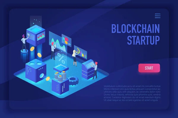 Blockchain elkezd csapat. Cryptocurrency és blockchain izometrikus ultraibolya fény Nyitóoldal vektor sablon emberek, elemzők és menedzserek vektor illusztráció. — Stock Vector