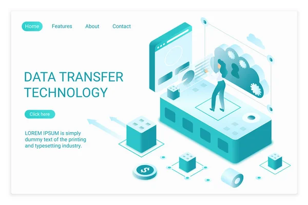 Datenübertragungstechnologie Zielseite isometrische Vektorvorlage — Stockvektor