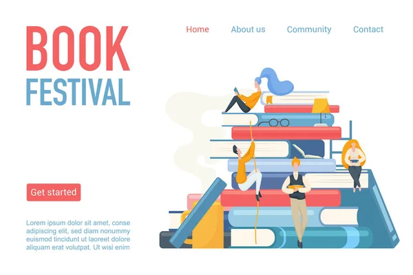 Book festival landing page poster vector illustration. Students man and woman reading, leaning and sitting on big books. Flat design for library, online learning, book store or modern education. Vector Graphics