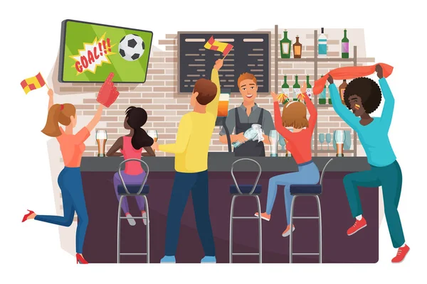 Lidé se dívají na fotbal a oslavují v baru. Přátelé, kteří sledují fotbalový zápas, barmana stojící ve sportovním baru stojí kreslené postavy. Fotbaloví fanoušci na pohled z baru. — Stockový vektor