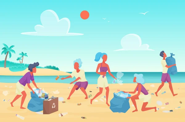 Playa limpieza estudiantes personas plana vector ilustración — Archivo Imágenes Vectoriales