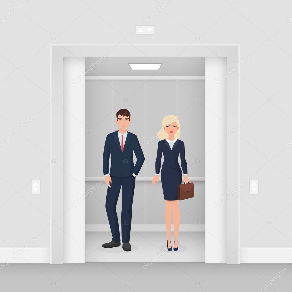 Office business people couple in formal clothes suit staying together in modern elevator with open doors vector illustration.