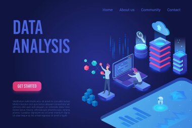 Veri analizi koyu neon ışık isometrik web afiş vektör şablonu