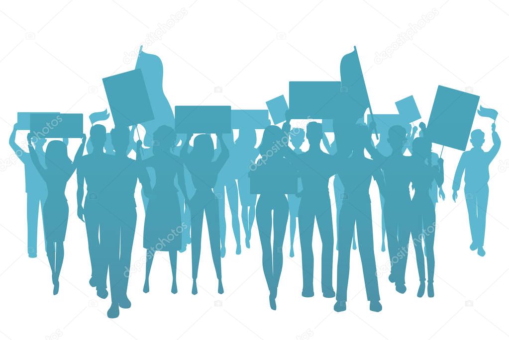 Demonstrate protest people silhouette. Public protest, social activists. Workers trike, isolated vector illustration