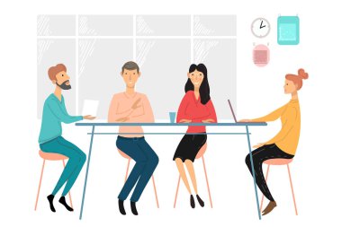 İş adamları buluşuyor. Takım tartışması. Yeni projeler ve planlar üzerinde görüşün. İş stratejisi tartışma karikatür vektör illüstrasyon.