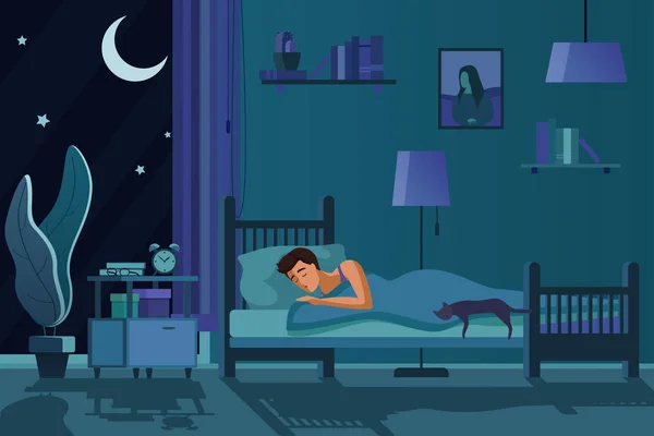 年轻的疲惫男子睡在床上被子覆盖。学生男性晚上睡在黑暗的卧室内部卡通平面矢量插图. — 图库矢量图片