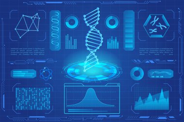 DNA modern Neon ışık hologram vektör illüstrasyon. Mikrobiyoloji, genetik biyoteknoloji, gen hücresi. DNA veri grafikleri, grafikler. Genetik testler. Yenilik teknolojisi