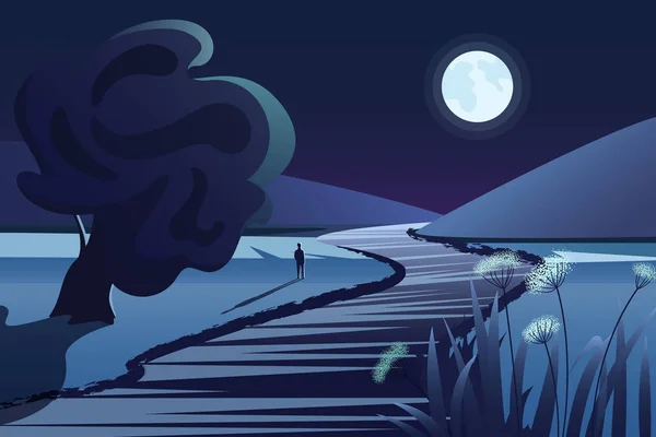 Río o lago cerca de las montañas en la noche profunda. Dibujos animados paisaje de la naturaleza rural con la luna profunda y reflexiones del río vector ilustración . — Vector de stock