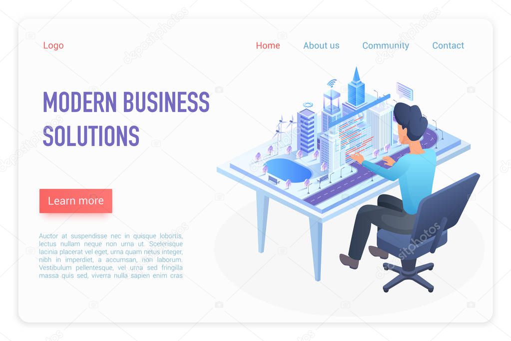 Modern business solutions landing page isometric vector template