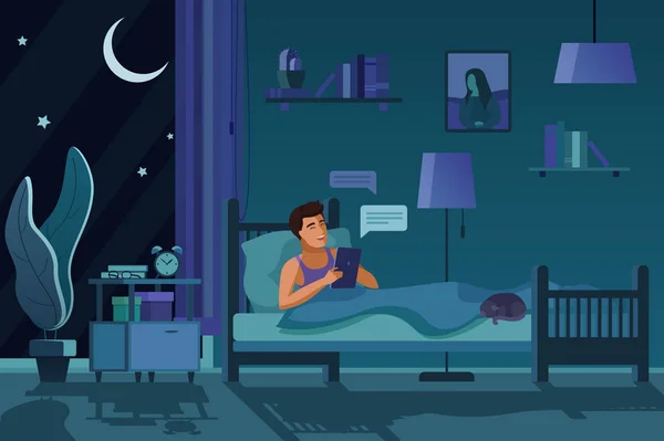 Mann SMS in der Nacht flache Vektor Illustration — Stockvektor