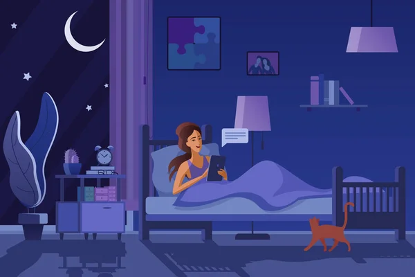 Mujer mensajes de texto en la noche plana vector ilustración — Archivo Imágenes Vectoriales