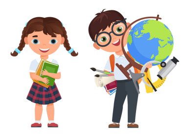 Okul malzemeleri ile sevimli çocuklar çift. Kitap ve diğer okul malzemeleri ile okul çocuk ve kız Childs. Geri okul poster vektör vektör illüstrasyon.